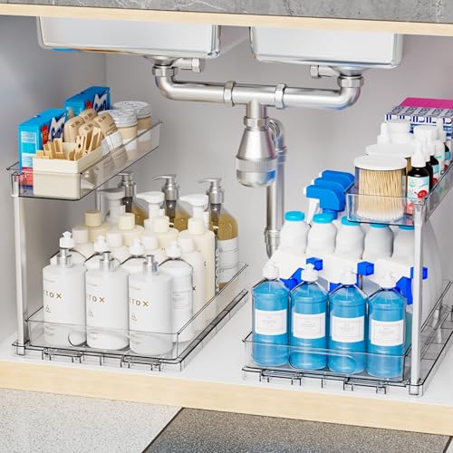 Yieach 2 Pack 14.5″ Deep Pull Out Under Sink Organizer,10.8″ High 2 Tier Slide Out Cabinet Organizer for Kitchen Cabinet,Undersink Organizers,Under Sink Shelves,Bathroom Organizers and Storage,Clear - color: Clear