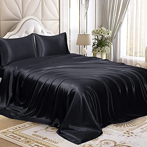 Homiest 3pcs Satin Sheets Set Luxury Silky Satin Bedding Set with Deep Pocket, 1 Fitted Sheet + 1 Flat Sheet + 1 Pillowcase (Twin XL Size, Black) - color: Black, size: Deep pocket - Twin XL size