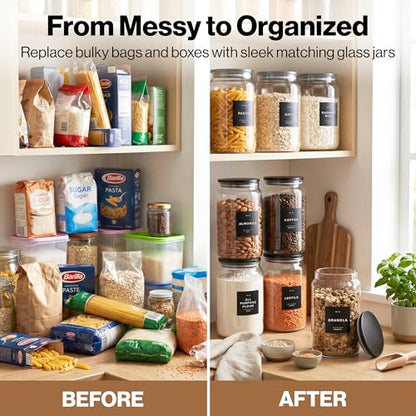 EDELHAUS 2x Large Glass Storage Containers with Airtight Black Lids [135oz/4000ml] | Extra Thick Glass Canisters for Pantry + 63 Labels | Flour Rice Cereal Sugar Coffee Beans Tea - color: 2x4000ml Black Lid
