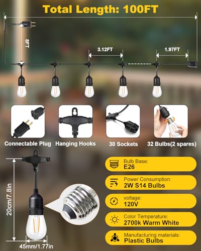 BRIMAX 2W 100FT Outdoor String Lights Commercial Grade with 32 Shatterproof S14 Dimmable LED Bulbs Patio String Lights Heavy Duty Waterproof for Bistro Cafe Market 2700K - style: 100FT 30 lights