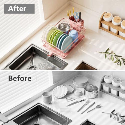 AIDERLY Auto Drain Metal Dish Drying Rack Dish Drainers, Pink | with Draining Tray, Strainer, for Kitchen Counter, Sink - color: Pink