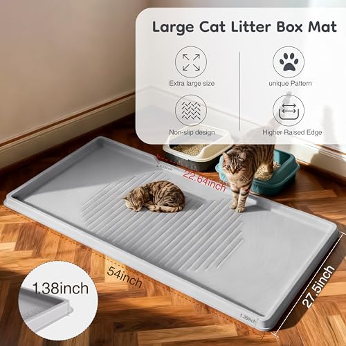 ISSEVE Cat Litter Mat 54" x 27.5" XXL, Extra Large Silicone Mat for Litter Box, 1.38" Raised Edge Urine Proof Litter Trapping Mat Pad for Scatter Control, Soft on Kitty Paws, Protect Floor (Grey) - color: Light Grey