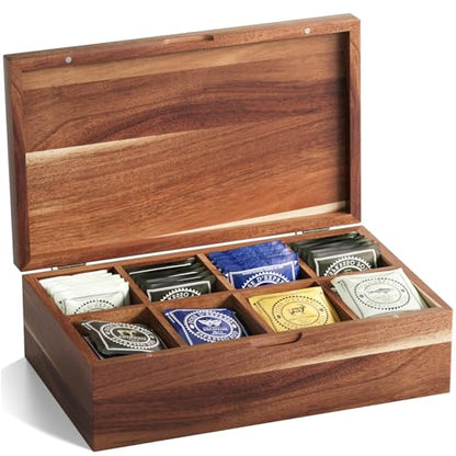 Acacia Wood Tea Bag Organizers, Tea and Sugar Packet Storage Chest with Lid, Wooden Teabag Holder Containers,Tea Box with 8 Compartments - size: Eight grids