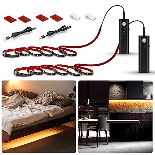 WOBANE Rechargeable Motion Sensor Strip Light, LED Closet Lights, Upgraded Battery Operated LED Strip Light for Wardrobe,Stair,Pantry,Cabinet,Cupboard,Bed,Locker,2700K Warmwhite,Black,6.56ft,2 Pack - color: Warm White, size: 2*6.56ft Black