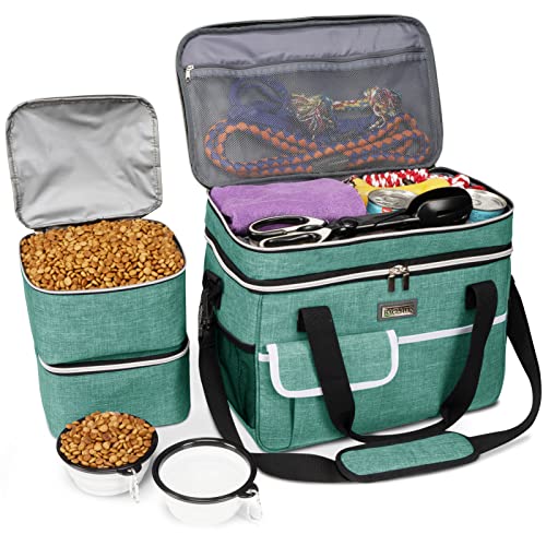 BAGLHER Dog Travel Bag for Supplies - Double-Layer Airline Approved Weekend Pet Travel Organizer Set for Dog and Cat Tote with 2 Pet Food Containers and 2 Collapsible Silicone Bowls Green - color: Green, size: Large