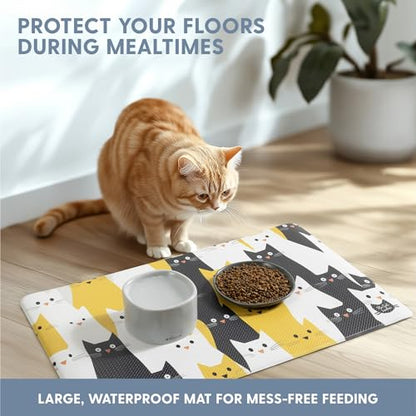 The Cat Ladies Cats Feeding Mat - Waterproof Dishwasher Safe Small Pet Eating Placemat - Cat Dog Food Mats for Food and Water Bowl - Protect Floors from Mess - Black & Yellow Cats - color: Black and Yellow Cats