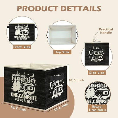 Rustic Camping Camper Storage Bin Box with Handles, Making Memories One Campsite at a Time Foldable Linen Fabric Laundry Basket for Home Bedroom Bathroom Clothes Toys Books(Black) - color: Black