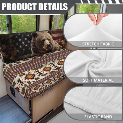 RV Cushion Covers Camper Slip Covers with Aztec American Flag Bear Print for RV Furniture Dinette Booth Set with 1 Bench & 1 Backrest Covers - color: Aztec American Flag Bear