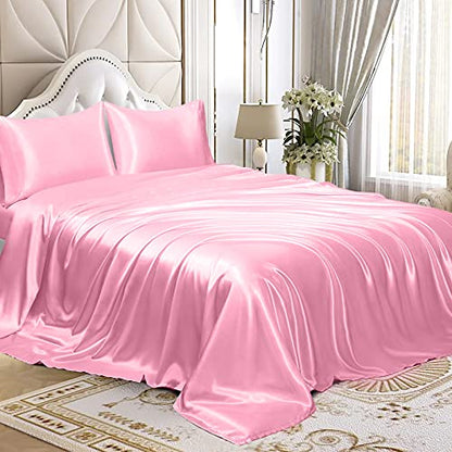Homiest 3pcs Satin Sheets Set Luxury Silky Satin Bedding Set with Deep Pocket, 1 Fitted Sheet + 1 Flat Sheet + 1 Pillowcase (Twin XL Size, Pink) - color: Pink, size: Deep pocket - Twin XL size