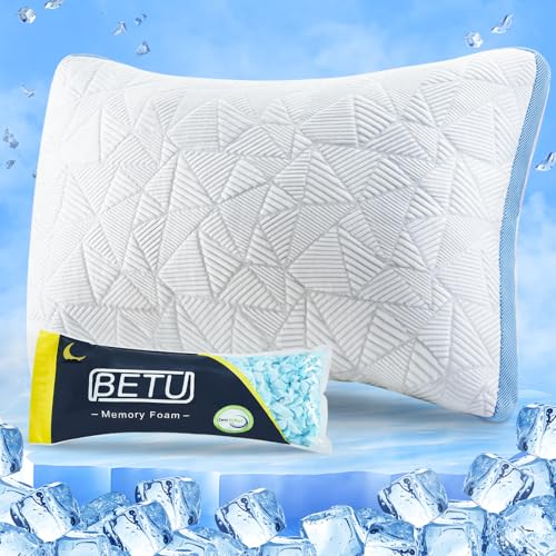 BETU Cooling Pillow King Size, Shredded Memory Foam Pillows for Hot Sleepers, Adjustable Firm Bed Pillows, Hotel Collection Side Sleeper Pillow for Back Pain, Neck, Blue, 20”x36” - color: Blue, size: King Size Pack of 1