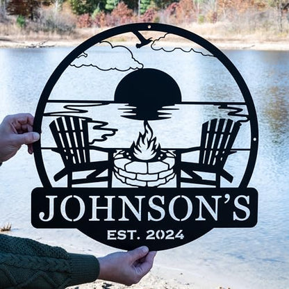 Custom Metal Beach Campfire Name Sign | Cabin Lake House Decor, Campsite Sign