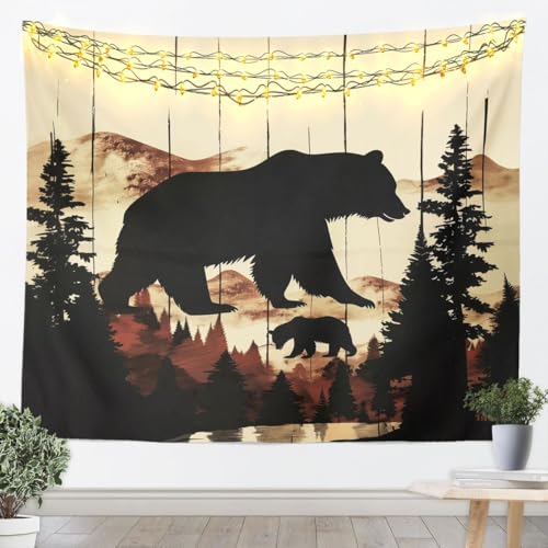 jejeloiu Bear Silhouette Mountain Tapestry Rustic Wood Bear Pine Tree Pattern Wall Art for Living Room Bedroom Pine Tree Wall Hanging Blanket Wildlife Home Decor Small 51"x59" - color: Beige Black Brown, size: Small