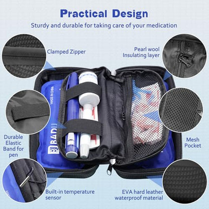Insulin Cooler Travel Case TSA Approved Diabetic Medicine Cooling Bag with Digital Temperature Display, 2 Ice Pack - color: Blue