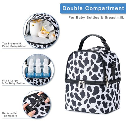 Breastmilk Cooler Bag with Ice Pack Fits 6 Baby Bottles up to 9 Ounce, Breast Milk Pump Cooler Bag with Shoulder Strap for Nursing Mom Daycare, Work, Travel - color: Cow