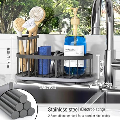 Sponge Holder for Kitchen Sink with High Brush Holder, [Stay-Dry Anywhere & No Drainage Needed] Rustproof Stainless Steel Kitchen Sink Caddy Organizer with Water Absorbing Stone Tray, Grey - color: Grey