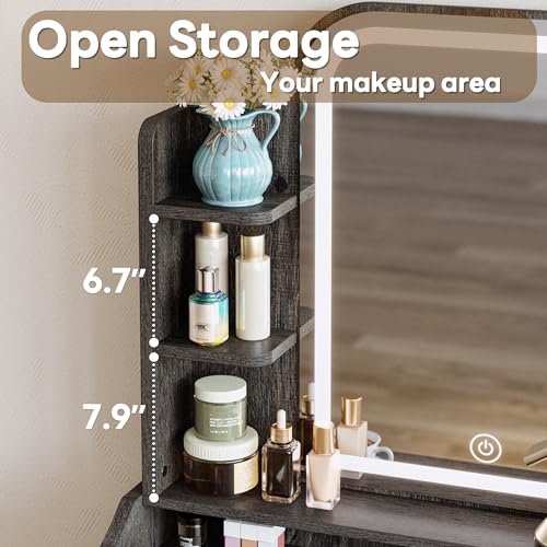 LIKIMIO Small Makeup Vanity Desk with Mirror and Lights, Vanity Table Set with Storage Drawer, Chair and Three Shelves, Bedroom, Charcoal Grey - color: Charcoal Grey