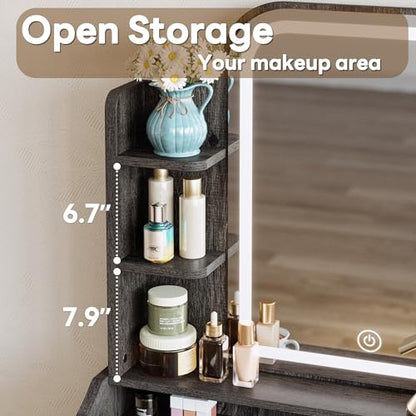 LIKIMIO Small Makeup Vanity Desk with Mirror and Lights, Vanity Table Set with Storage Drawer, Chair and Three Shelves, Bedroom, Charcoal Grey - color: Charcoal Grey