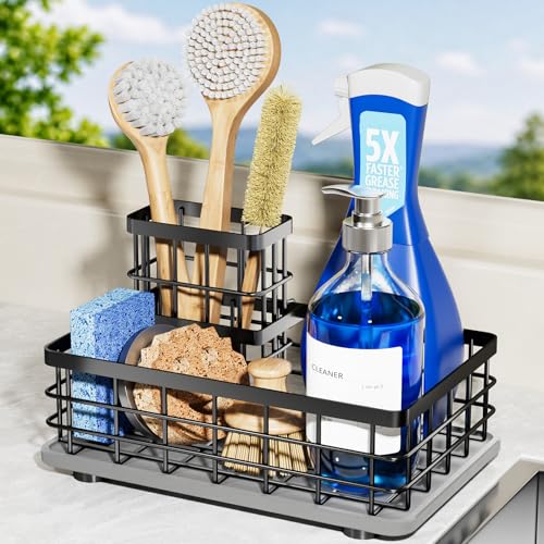 Extra Large Kitchen Sink Caddy Organizer, Stainless Steel Sponge Holder for Kitchen Sink with Brush Holder, Diatomite Stone Sink Tray for Soap Dispenser, Sponge, Bathroom Countertop Organizer, Black - color: Black