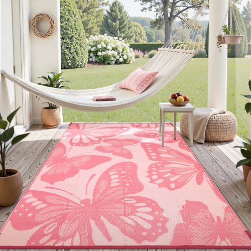 Uphome Outdoor Rug Waterproof 6x9 ft, Patio Plastic Straw Rugs for RV Camping, Reversible Butterfly Mat Outside, Indoor Outdoor Floor Carpet for Back Yard Deck Balcony Porch Beach Picnic, Pink - color: Pink, size: 6' x 9' (Rectangular)