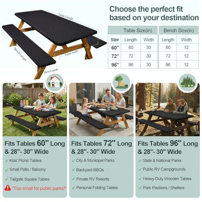 Play Tailor Picnic Table Cover with Bench Covers Camping Essentials Waterproof Windproof Camping Tablecloth with Drawstring Bag, Fitted Rectangle Tables and Seats, 72in, Black - color: Black, size: 72in