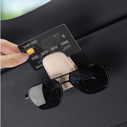 Sunglass Holder for Car Visor, Magnetic Leather Sunglasses Holder and Ticket Card Clip for Car - color: Beige