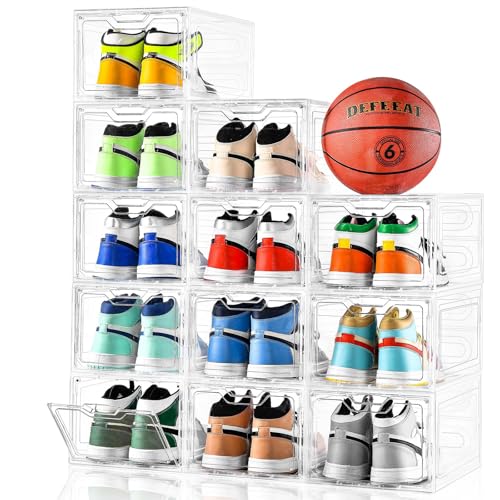 12 Pack Thicken & Sturdy Clear Shoe Storage Organizer with Magnetic Door, Shoe Boxes Clear Plastic Stackable for Closet, Shoe Rack for Sneaker Boot Container, Shoe Cabinet Fit up to US Size 12 - color: Clear, size: 12 Count Fit Size 12