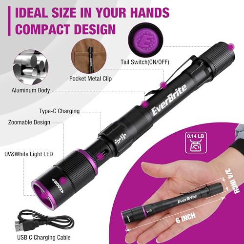 EverBrite Rechargeable Pen Flashlight with UV Light and White Light, 395nm Black Flashlight with Clip, Zoomable 4 Modes with Memory Function, USB C Cable, for Camping, Emergency, Pet Urine Detection - color: Black