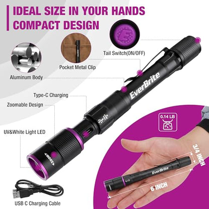 EverBrite Rechargeable Pen Flashlight with UV Light and White Light, 395nm Black Flashlight with Clip, Zoomable 4 Modes with Memory Function, USB C Cable, for Camping, Emergency, Pet Urine Detection - color: Black