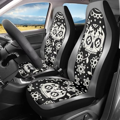 Bulopur Skull Car Seat Covers for Sedan Truck SUV Auto High Back Front Car Seat Covers Anti-Scratch Cloth Vehicle Bucket Protector for SUVs Trucks Vans Decor - color: Floral Skull Grey