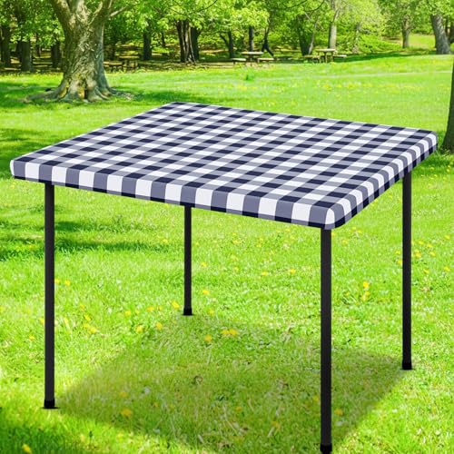 Smiry Square Picnic Table Cloth, Elastic Waterproof Fitted Vinyl Tablecloths, Flannel Backed Buffalo Plaid Table Covers for Dining, Camping, Outdoor (White and Navy, 42" x 42") - color: White and Navy, size: 42" x 42" (Square)