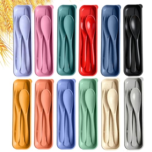 Travel Utensils with Case, 12 Sets Camping Utensil Sets, Wheat Straw Portable Knife Fork Spoons Tableware, Reusable Utensils for Lunch Box (Multi) - color: Multicolor