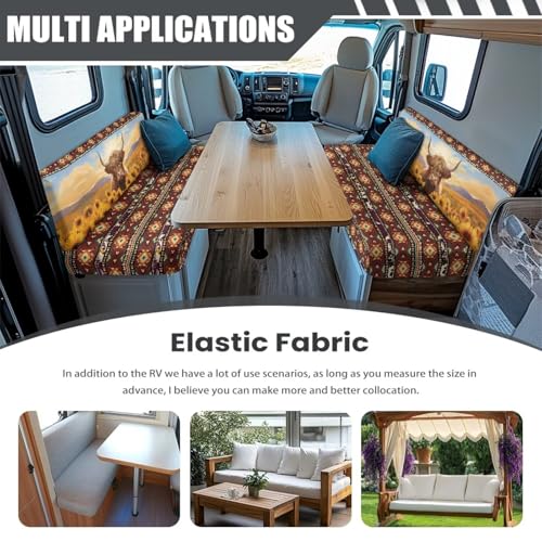 NDISTIN Aztec Highland Cow Sunflower 2Pcs Camper Couch Cushion Covers Dinette Rv Seat Covers Dinette Booth Cushions Comfortable Stretch Sofa Furniture Protector for Travel Trailer Couch - color: Aztec Highland Cow Sunflower
