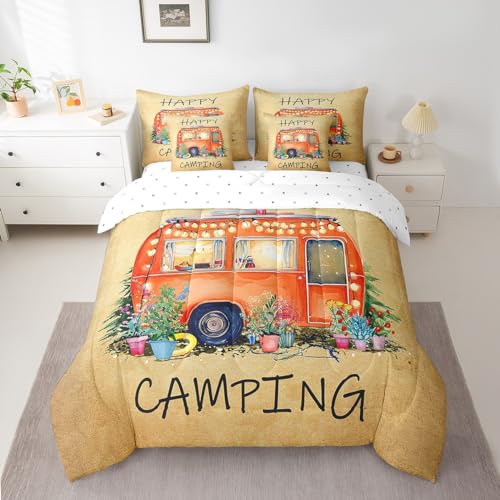 Erosebridal Watercolor Camper Bedding Set Twin 7 Piece,Happy Camping Car Comforter Set with Sheet Set for Travel Trailers Bunk,Cute Rustic Farmhouse Floral Rv Bed in A Bag Reversible - color: Orange, size: Twin