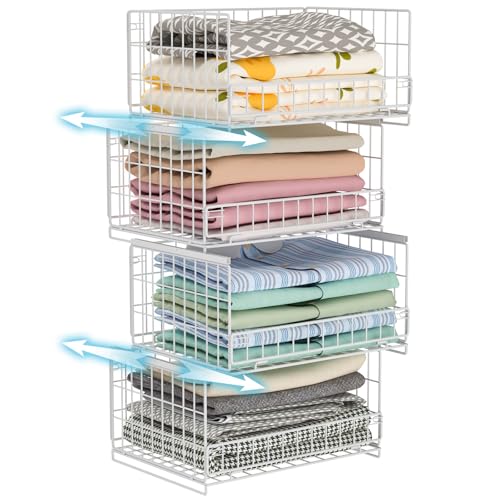 Hongtamoya 4-Tier Sliding Closet Organizers and Storage Shelves, Stackable Closet Shelf Organizer Basket Bins, Drawer Shelf Storage Container for Wardrobe Cupboard Kitchen Bathroom Office, White - color: White, size: 12"D x 15.9"W x 31.7"H | Slide-Out