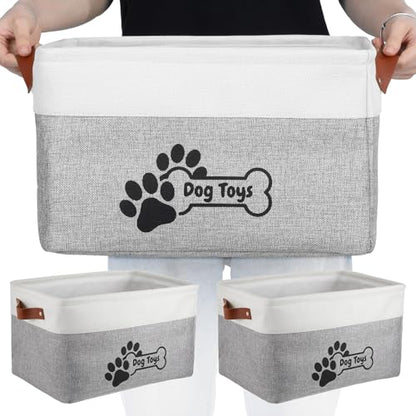 2-Pack Linen Toy Basket for Dogs, Foldable Dog Toy Storage Basket with Handles, Gray Organizer Bin for Pet Toys, Leashes, Blankets & Accessories (15x11x9 Inches)