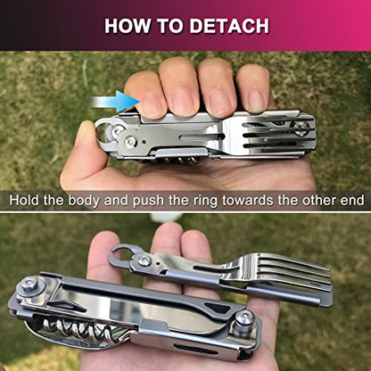 6 in 1 Detachable Camping Utensils Flatware Set, Multifunction Travel Pocket Cutlery Folding Spoon, Fork, Knife, Wine Bottle Can Opener Portable Combo Set Stainless Steel