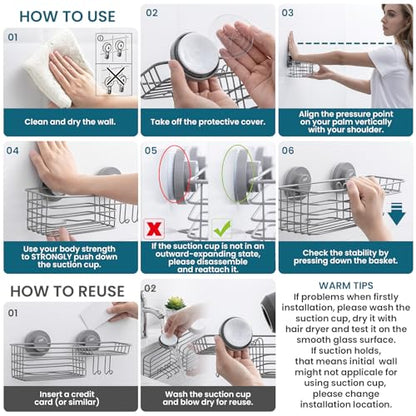 TAILI Shower Caddy Suction Cup 2 Pack with Hooks & Soap Holder, Heavy Duty Shower Organizer for Bathroom, No Drilling Bathroom Organizer with Large Capacity, Metal Storage Holder-Grey - style: 2 × Grey