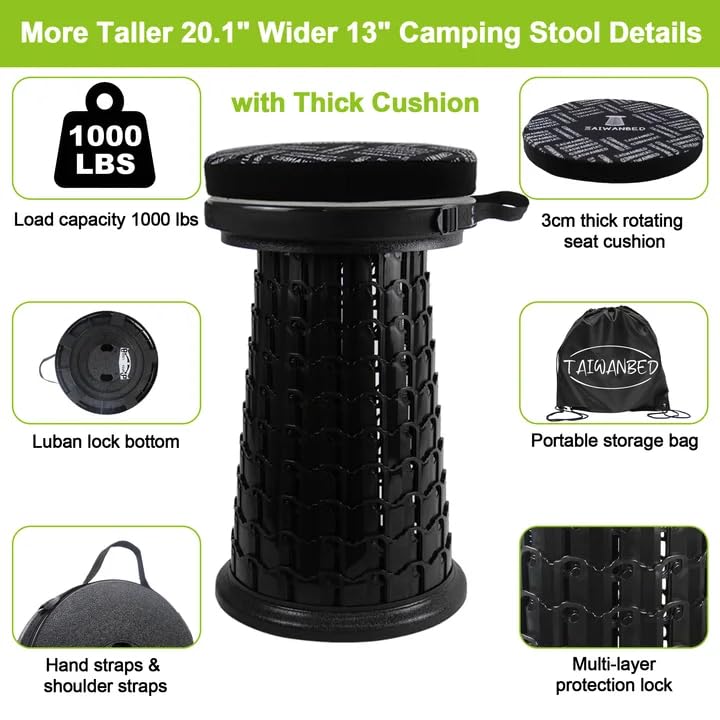 2026 Heavy Duty XXXL Collapsible Stool with Thick Cushion&Carry Bag,More Sturdy 1000LBS Capacity,20.1" Taller&13" Wider Foldable Telescoping Stool for Adults,Outdoors,Camping,Fishing,BBQ