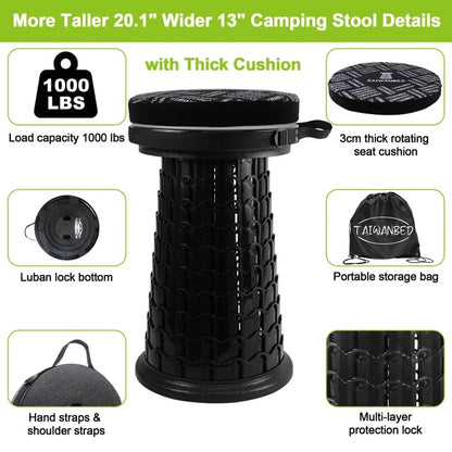 2026 Heavy Duty XXXL Collapsible Stool with Thick Cushion&Carry Bag,More Sturdy 1000LBS Capacity,20.1" Taller&13" Wider Foldable Telescoping Stool for Adults,Outdoors,Camping,Fishing,BBQ