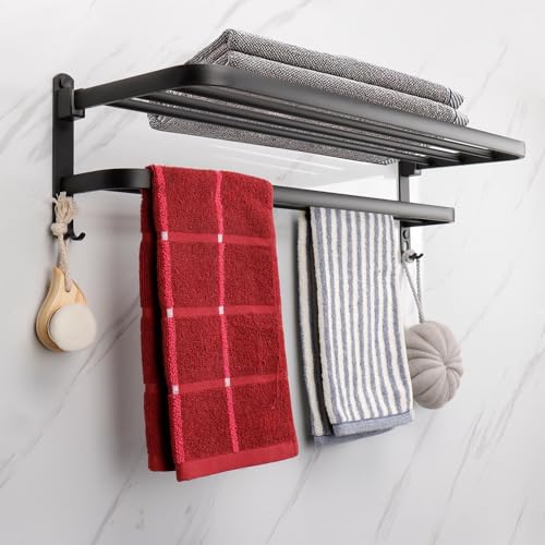 TocTen Towel Rack for Bathroom, Foldable Towel Holder with Double Towel Bars, Wall Mounted Premium Aluminum Bathroom Tower Shelf, Space-Saving Towel Hanger for Bathroom, Lavatory (Black,24 in) - color: Black, size: 1 Pcs 2 Hooks 24 In