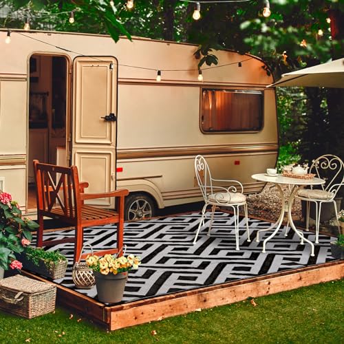 6x9 Outdoor Patio Rug with Carry Bag, Waterproof Outdoor Plastic Straw Rug RV Camping Rug, Reversible Picnic Mat Outside Carpet for Backyard, Porch, Balcony, Deck, Black & Light Grey