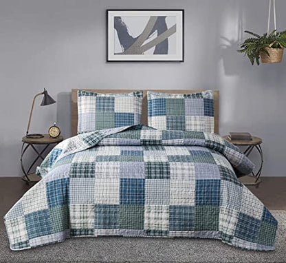 Quilt Set King Size Plaid Bedspread Coverlet King Quilt Set Bedding Mens Boys Quilt Bedspread Patchwork Bedding Home Modern Soft Lightweight Coverlet Reversible Quilt Bed Spread with 2 Pillow Shams - color: Blue Green Black, size: King