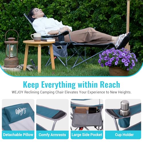 #WEJOY 2-in-1 Reclining Camping Chair with Footrest for Adults Folding Lounge Chair with Adjustable Backrest Lightweight Camping Chairs Heavy Duty Camp Chairs for Outdoor - color: Cyan/Grey