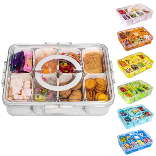 WACOI Divided Snack Serving Tray with Lid and Handle travel Snackle Box Charcuterie Container Portable Storage Organizer for Candy, Fruits, Nuts, Snacks 1Pack White - color: White, size: 1 Pack-8 Compartments