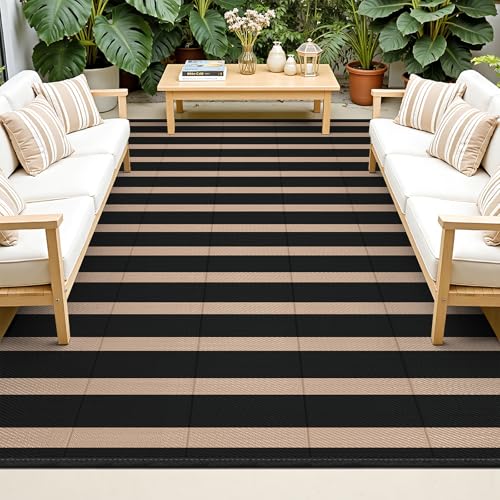 Vaukki Waterproof Outdoor Rug 6x9, Reversible Striped Patio Rug, Lightweight Plastic Straw Camping Mat, Indoor Outdoor RV Carpet for Outsides, Patio, Camping, Balcony, RV and Deck, Black and Beige - color: Black and Beige, size: 6' x 9' (Rectangular)