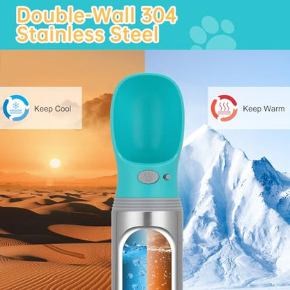 Portable Dog Water Bottle, 14 OZ, Stainless Steel Leak Proof Puppy Water Dispenser with Drinking Feeder for Pets Travel, Walking, Hiking and Outdoor Activities - size: 14 OZ - Blue, style: Button switch