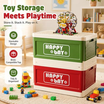 21L 22 Qt Folding Storage Box with Large Building Block Lid, Collapsible Toy Organizer Compatible with Duplo Blocks, Push Pull Storage Bin with Quiet Wheels(2pc-red+green) - color: Red+Green
