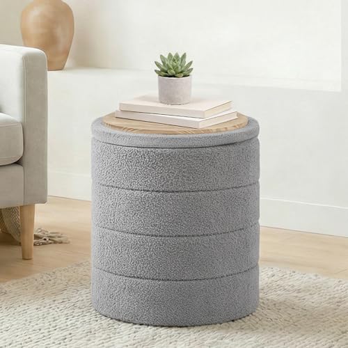 14.5" Round Storage Ottoman,Boucle Sherpa Ottoman with Tray, Faux Teddy Foot Rest Coffee Table for Bedroom Dorm Living Room,Grey - color: Grey, size: 14.5"D x 14.5"W x 17.7"H