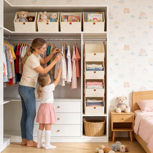 Hanging Closet Organizer 4 Tier, Clothes Hanging Shelves with Foldable Storage Baskets, Space-Saving Closet System for Bedroom, Home, Dorm, RV, Hat, Bags, Shoes