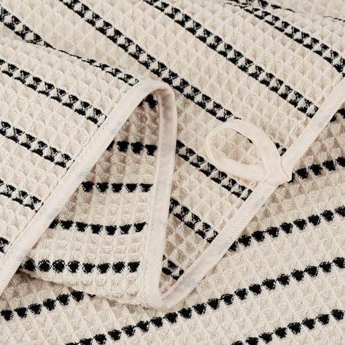 POLYTE 430 GSM Microfiber Quick Dry Lint Free Oversize Bath Towel Set, 6 Piece (Waffle Weave) - color: Light Beige/Black